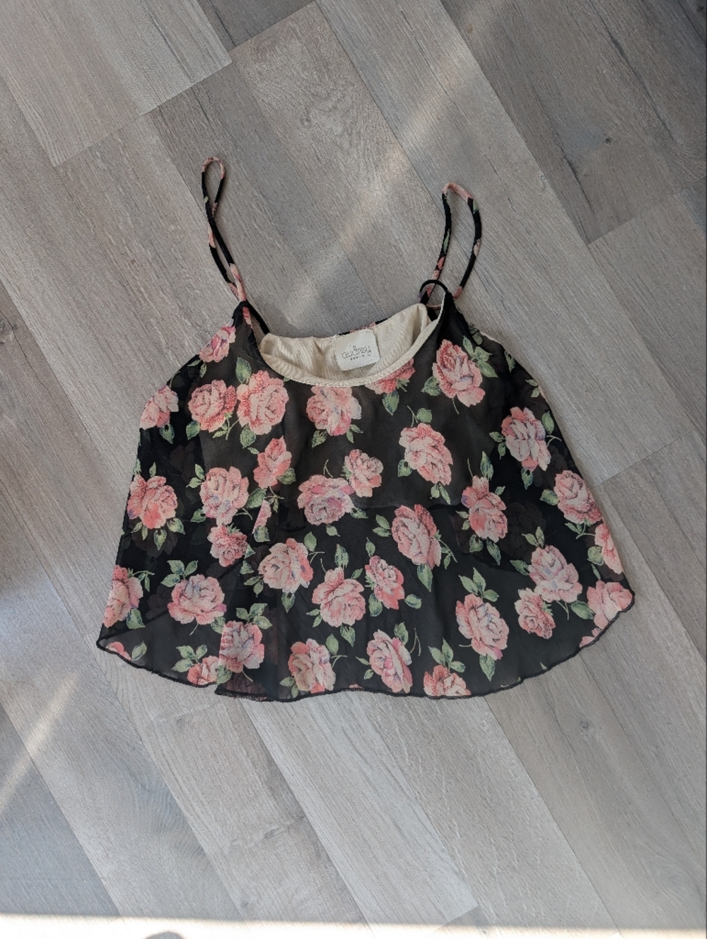 audrey Black Floral Spaghetti Strap Camisole with Pink Roses